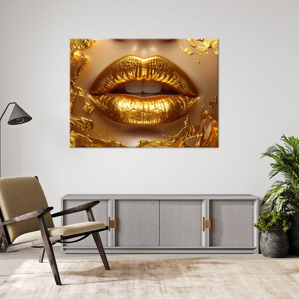 LEINWANDBILD, Luxuriöse goldene Lippen in einer dekorativen glamourösen Komposition - Goldfarben, Textil (90/60cm) - Feeby