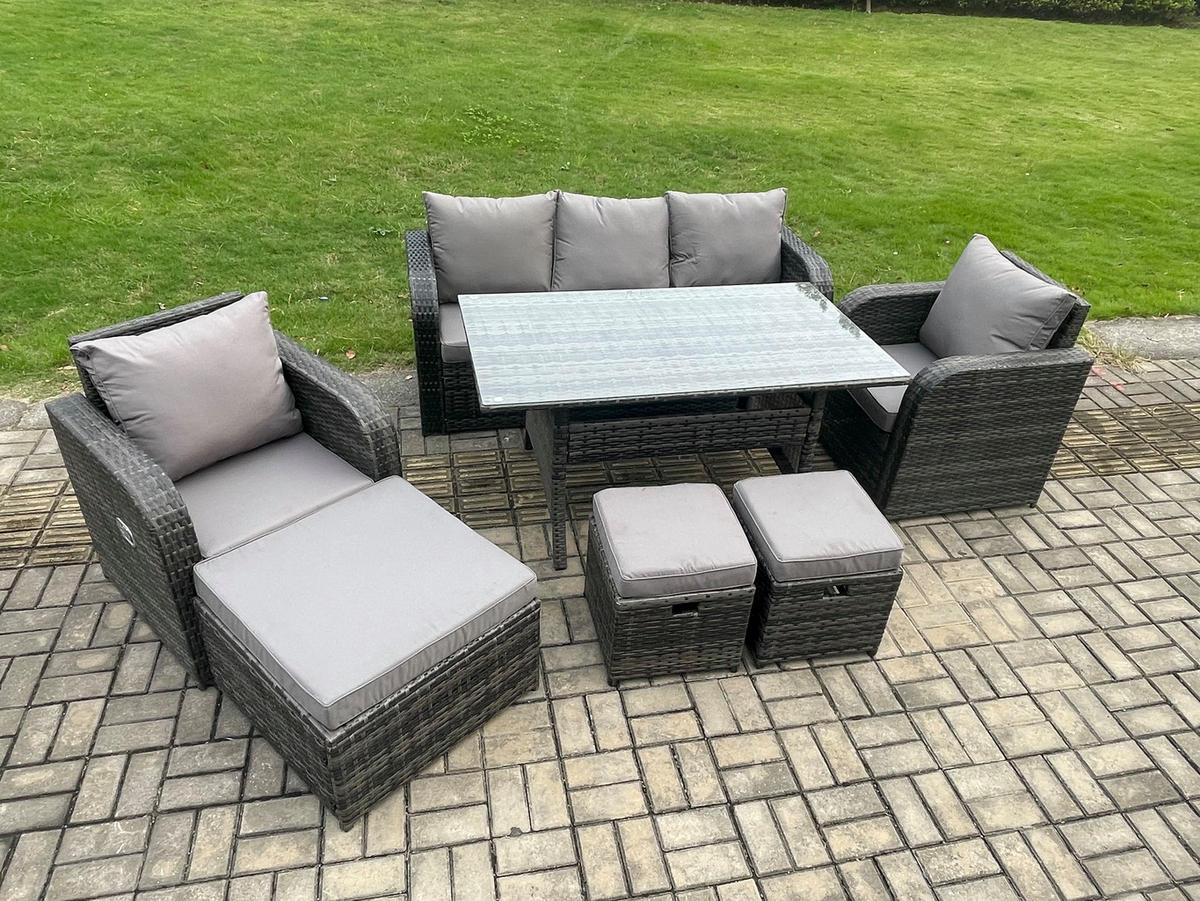 GARTENSET mit 3-Sitzer-Sofa,Esstisch Polyrattan 8-Sitzer - Dunkelgrau/Grau, Glas/Kunststoff - Fimous