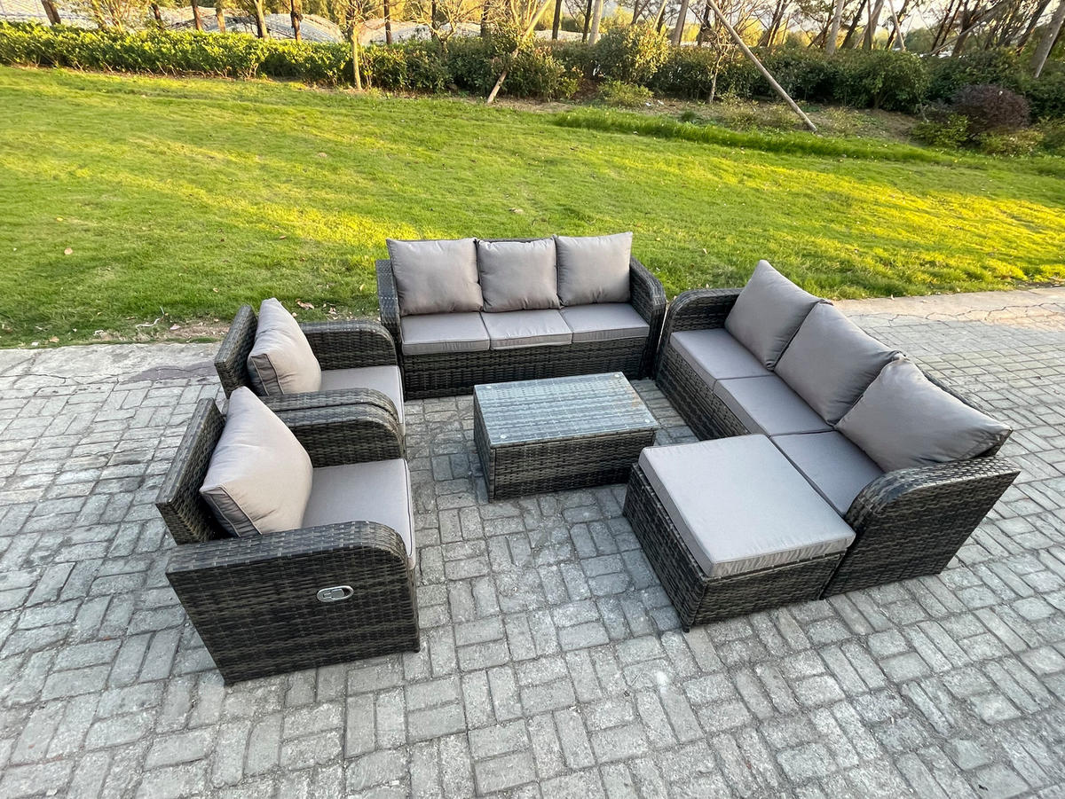 GARTENMÖBEL-SET mit Kissen Polyrattan Dunkelgrau 9-Sitzer - Dunkelgrau/Grau, Glas/Kunststoff - Fimous