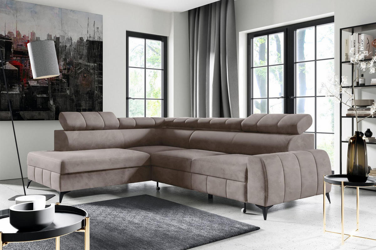 ECKSOFA London Hellbraun Velours - Hellbraun/Schwarz, Textil/Metall (274/203cm) - Selsey