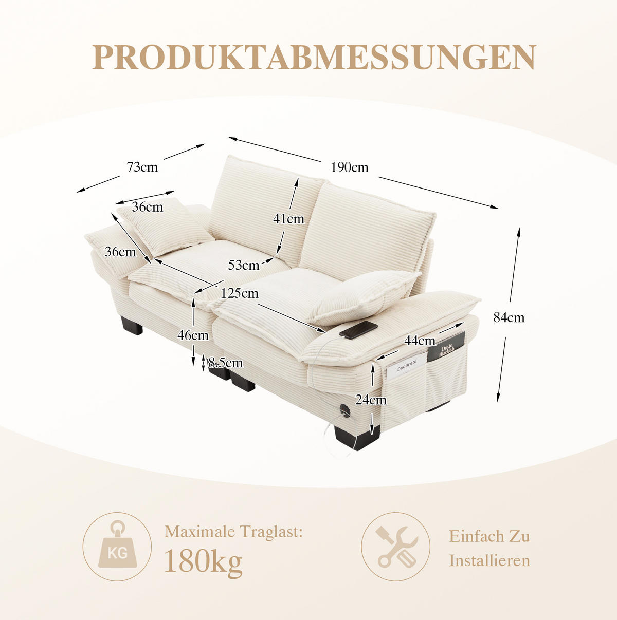 2-SITZER Sofa aus Corduroy 190x73x84 cm in Beige mit USB-C & Seitentaschen - Beige, Textil (73/84/190cm) - Modfu