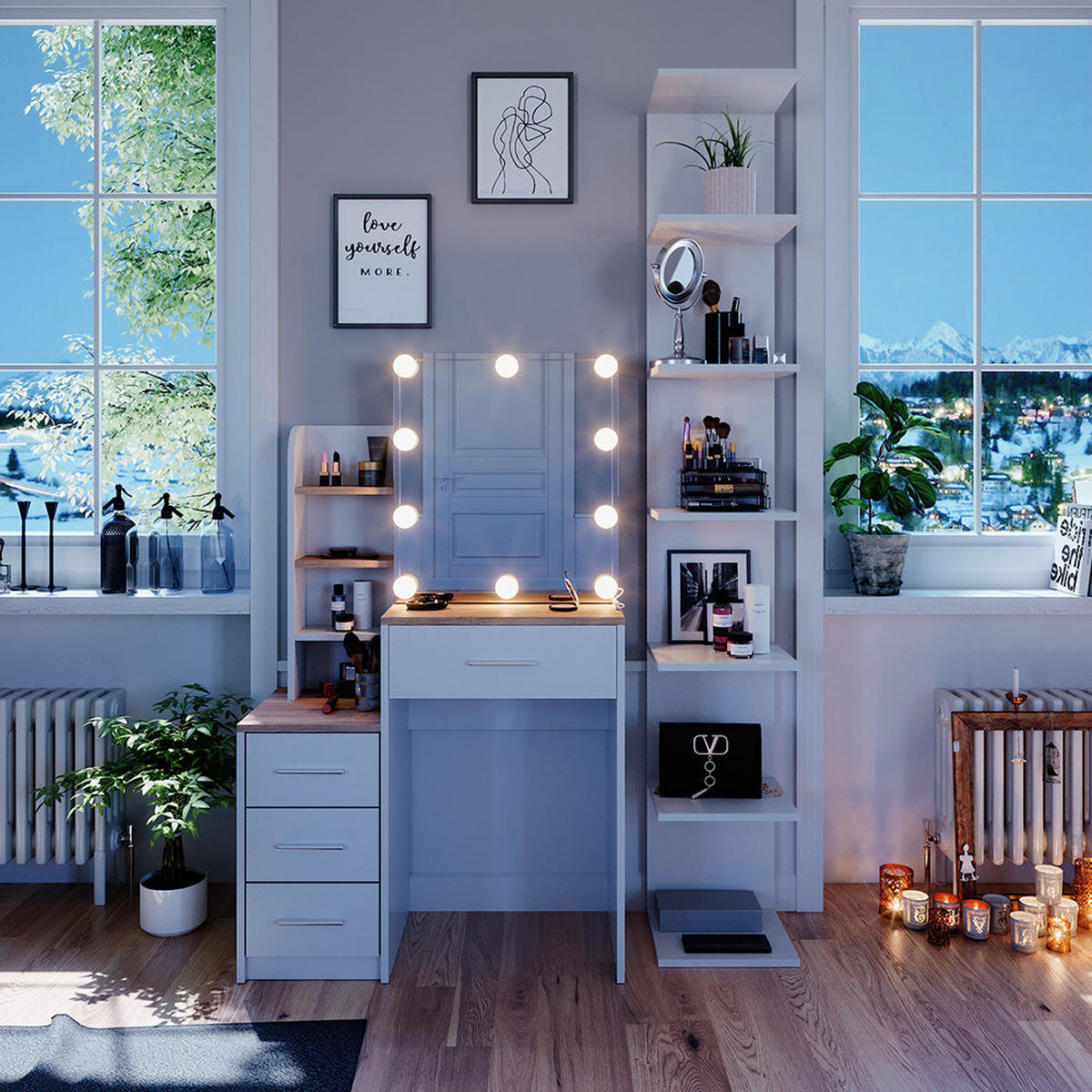 SCHMINKTISCH Conrada Weiß/Sonoma 80 cm mit LED Beleuchtung - Weiß/Sonoma Eiche, Holzwerkstoff (36/131.6/80cm) - Vicco