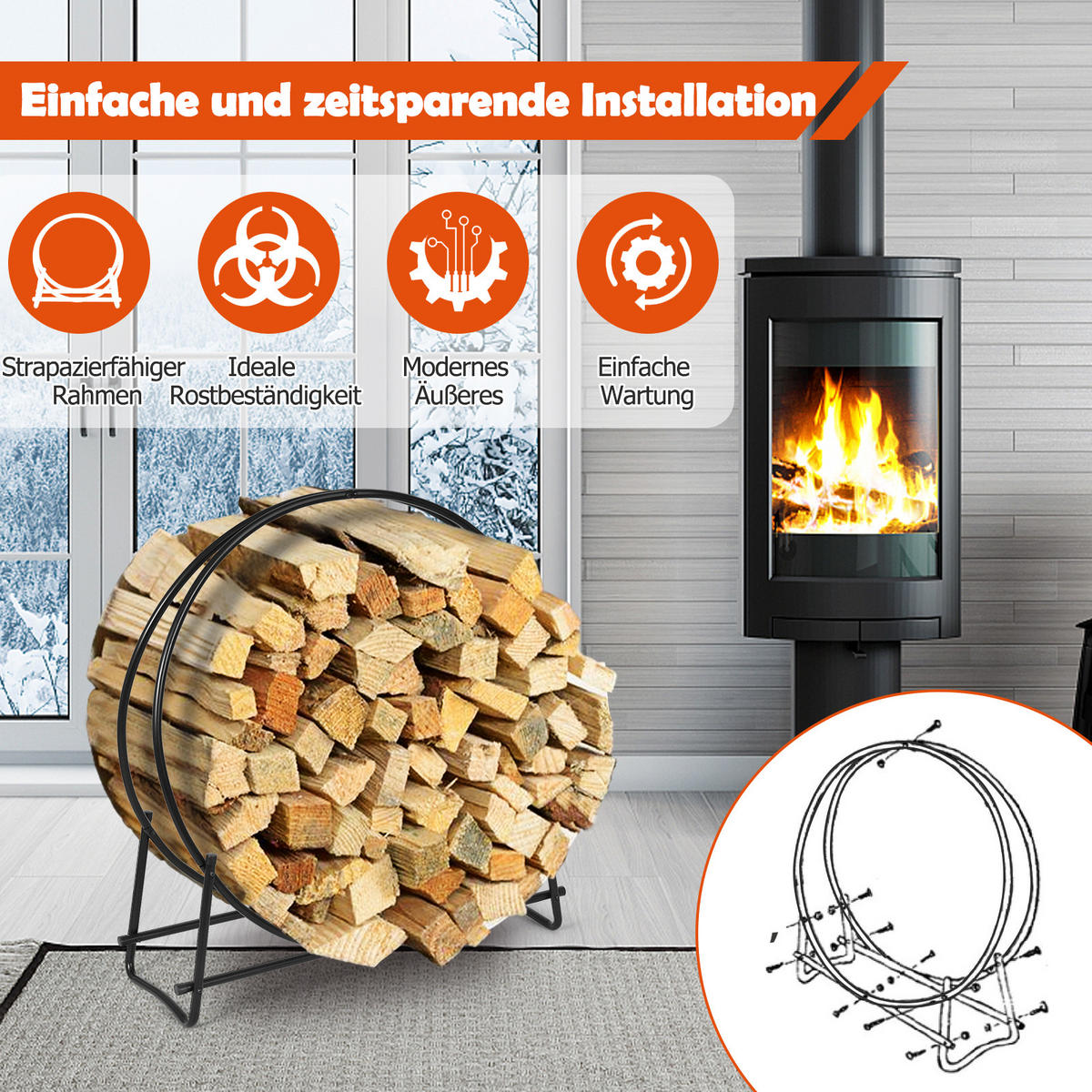 KAMINHOLZREGAL Schwarz - Schwarz, Metall (33/104/95cm) - COSTWAY