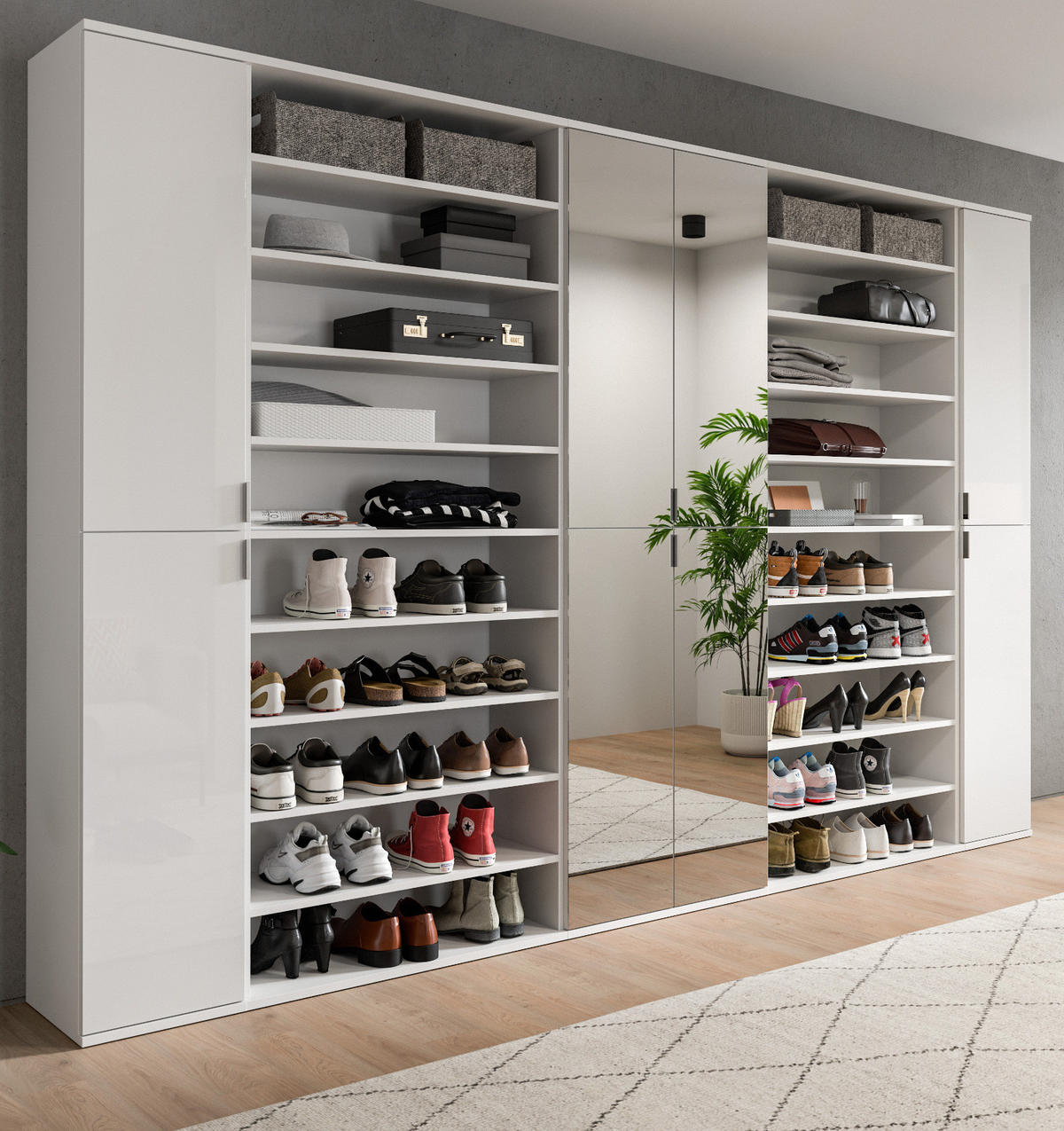 GARDEROBENSCHRANK mit Spiegltüren, weiß Hochglanz 281 cm, Schuhschrank XXL - Chromfarben/Weiß Hochglanz, Glas/Holzwerkstoff (281/193/34cm) - Inn.Furn