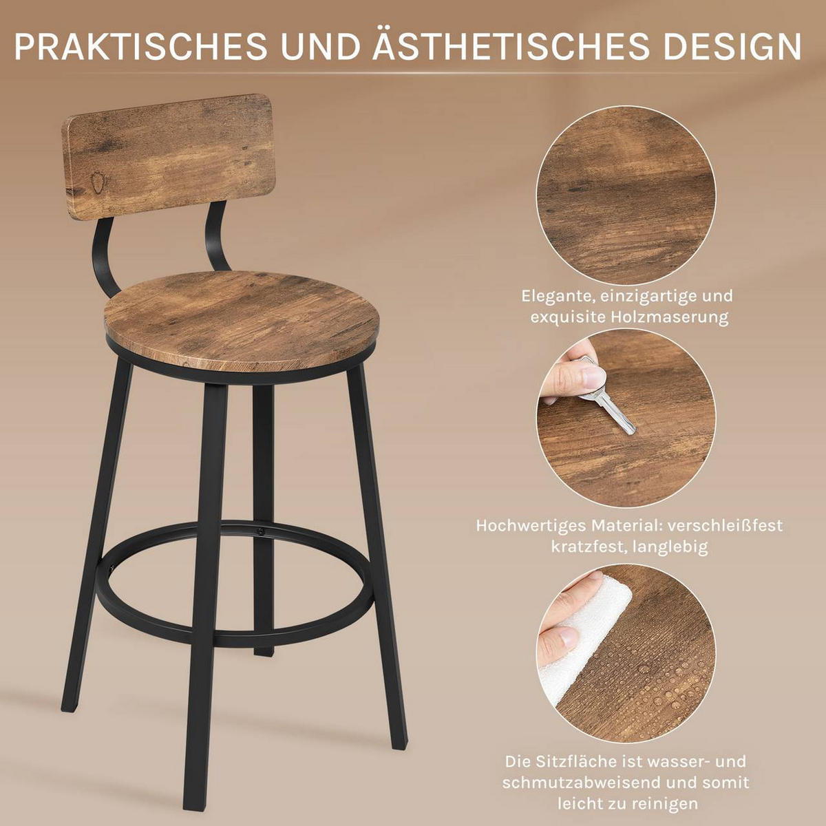 BARHOCKER 4er Set, Metallgestel, Vintagebraun - Dunkelbraun/Schwarz, Holzwerkstoff/Metall (51.5/89/51.5cm) - Woltu