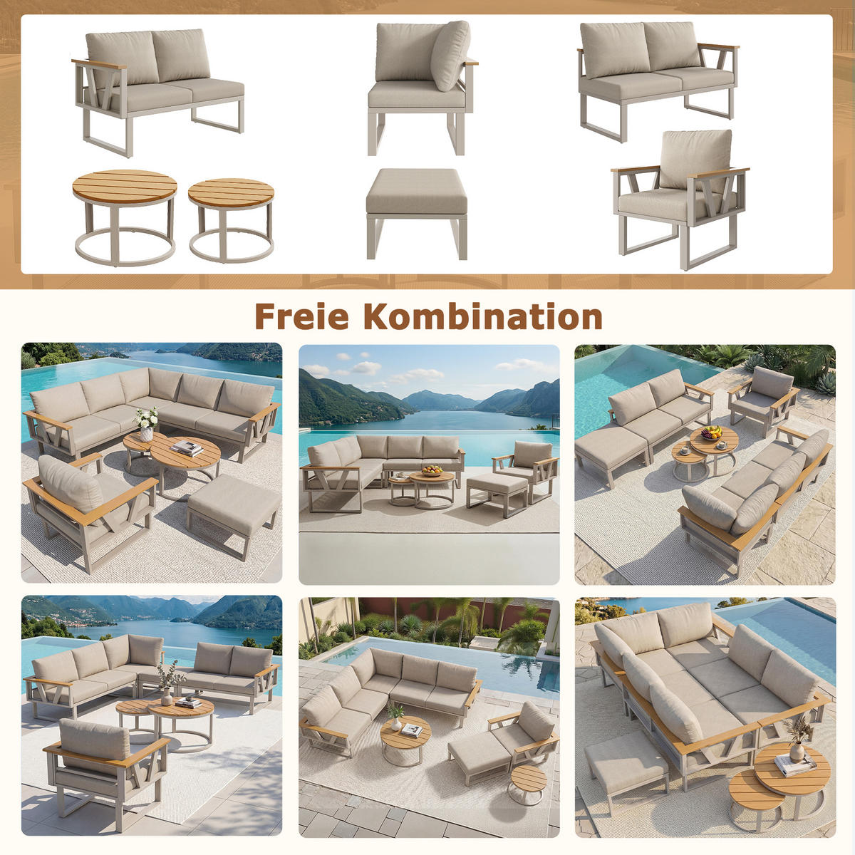 LOUNGESITZSET, 2er-Set, Verstellbare Füße, Metallbasis, Beige - Beige, Metall - FLIEKS
