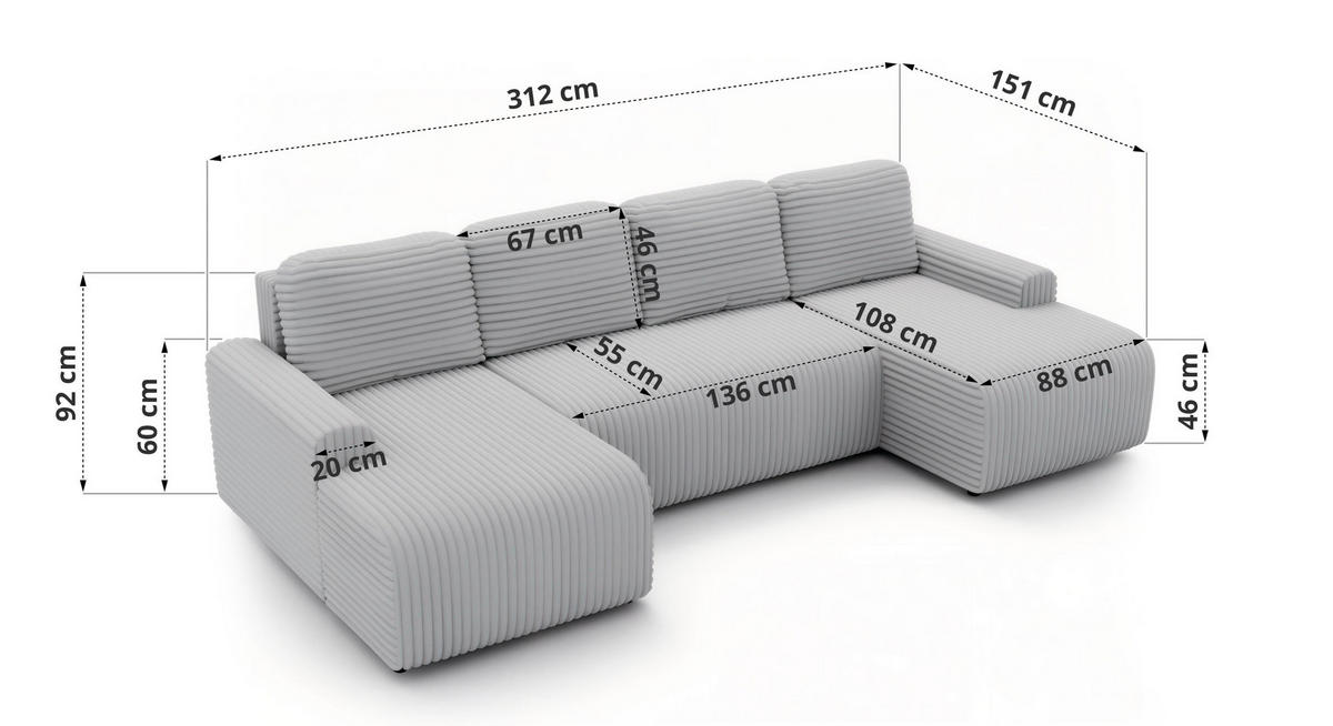 WOHNLANDSCHAFT NESSARO U Braun Cord - Schwarz/Braun, Kunststoff/Textil (312/92/151cm) - MKS