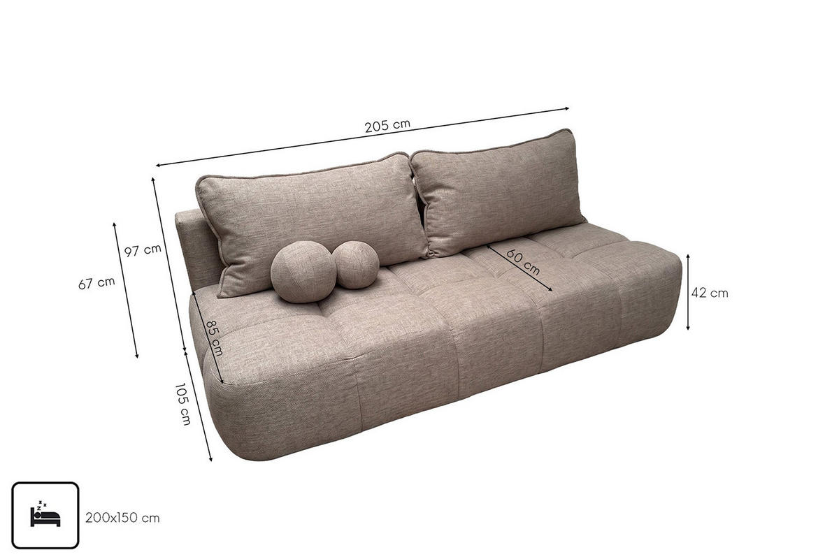 POHOVKA S funkcí spaní A úložným prostorem, strukturovaná látka Verita, Teplá béžová, COCO - béžová, dřevo (205/97/105cm) - Kaiser Möbel