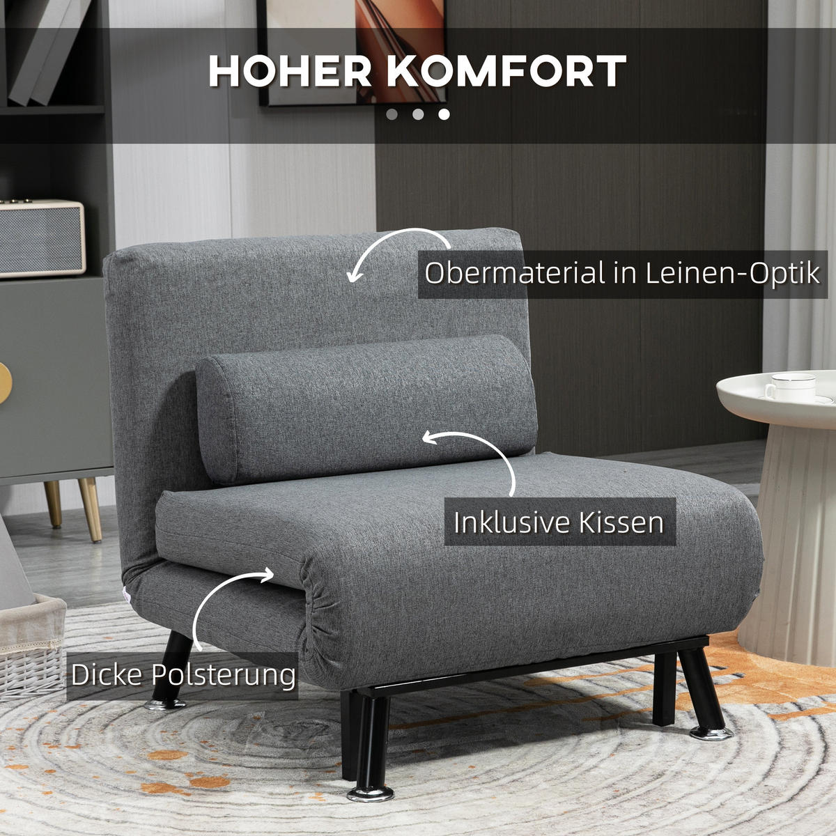 SCHLAFSESSEL Klappsessel mit Bettfunktion Schlafsofa mit Verstellbar Rückenlehne - Dunkelgrau/Schwarz, Textil/Metall (70/75/75cm) - HOMCOM
