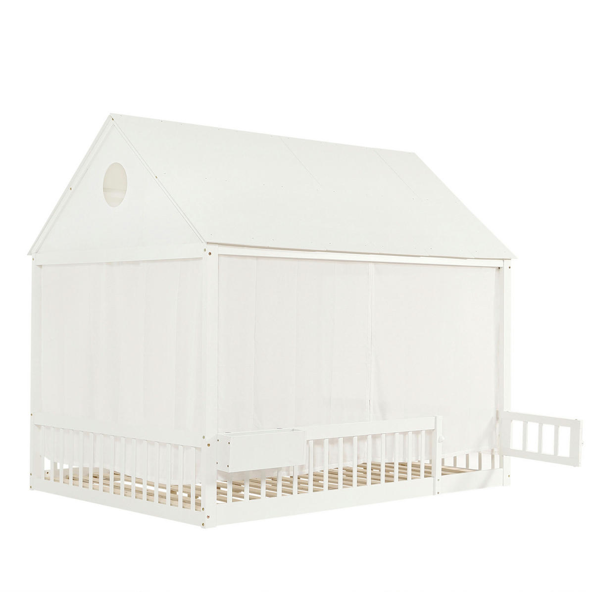 HAUSBETT 140/200 cm Weiß aus Kiefer, MDF und Sperrholz mit Vorhängeschirmen und Stauraumfach - Weiß, Holz (140/200cm) - OKMYHOME