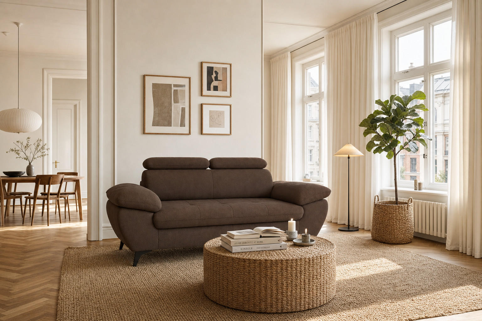 2,5-SITZER Karlstad Flachgewebe Braun verstell. Kopfstützen B 194 cm - Dunkelbraun, Kunststoff/Textil (194/84/100cm) - foamnova