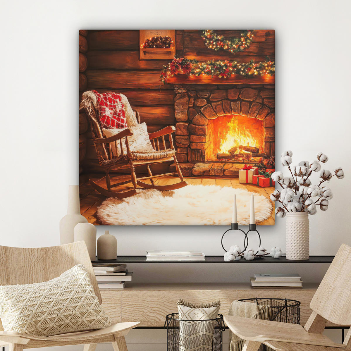 LEINWANDBILD Winter - Weihnachten - Zuhause - Kamin Deko Groß 90x90 cm - Bernsteinfarben, Textil (90/90cm) - MuchoWow