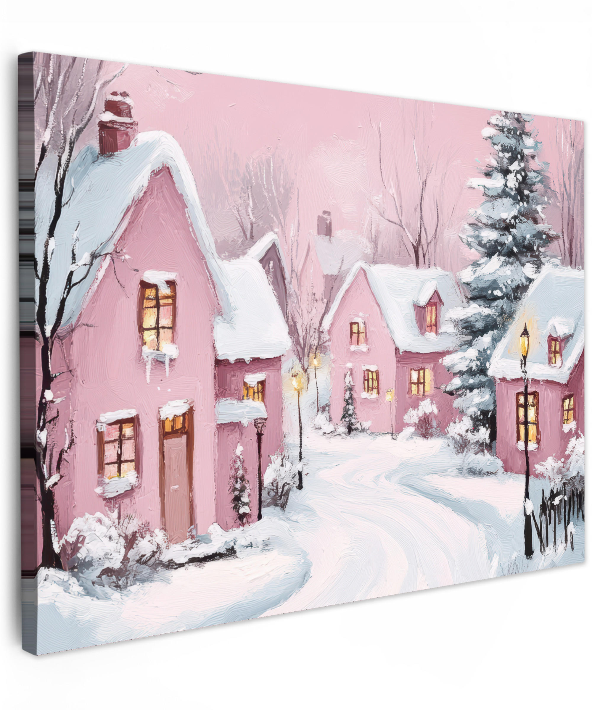 MuchoWow OBRAZ NA PLÁTNĚ Vánoční vesnice - Růžová - Zima - Sníh - Domy 40x30 cm