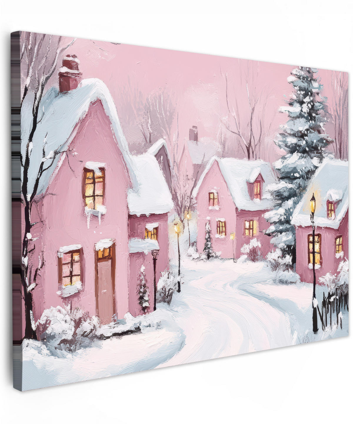 LEINWANDBILD Weihnachtsdorf - Rosa - Winter - Schnee - Häuser Wandbilder 80x60 cm - Altrosa, Textil (80/60cm) - MuchoWow