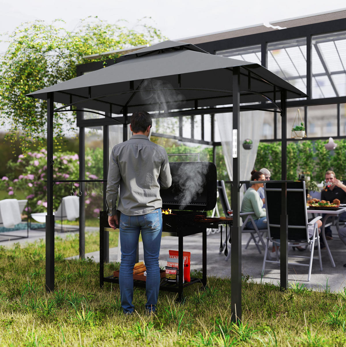 PERGOLA Grillpavillon 243/148/248 cm aus Metall mit Doppeldach und LED-Licht Dunkelgrau - Dunkelgrau, Metall (243/248/148cm) - Modenvie