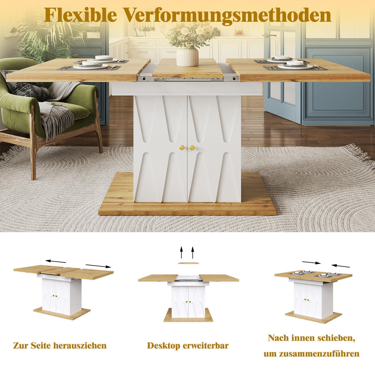 ESSTISCH Ausziehbar 110-140x70Cm Relief Holzfurnier - Weiß, Metall (70/110/76.5cm) - FLIEKS
