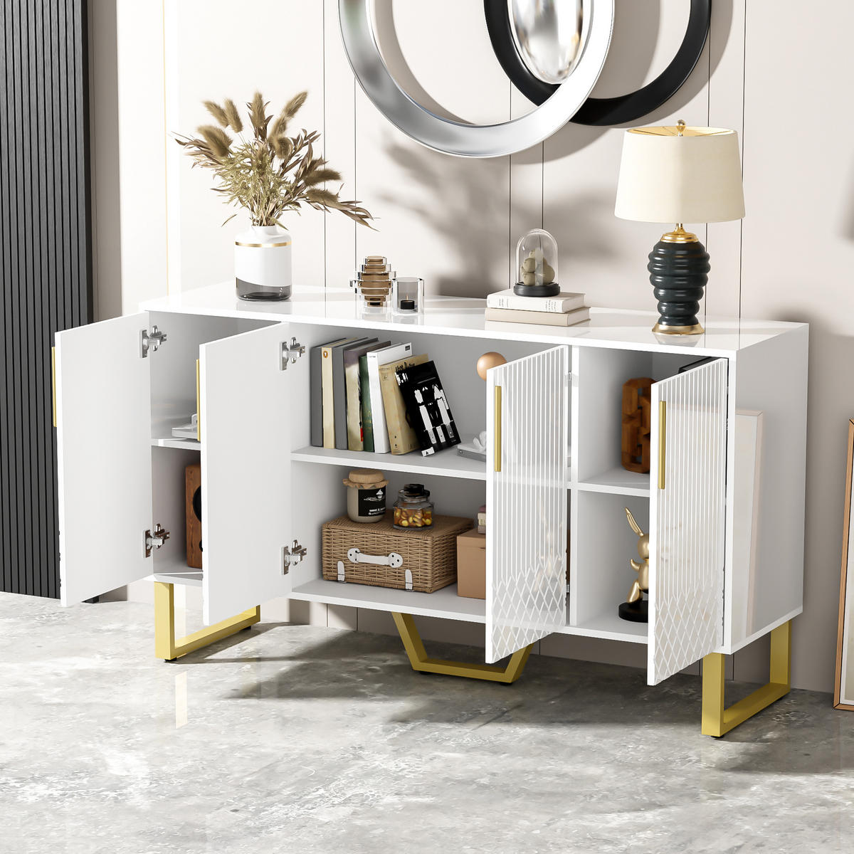 SIDEBOARD 140x40x80cm Weiß Hochglanz 4 Türen Metallgriffe & -beine - Weiß, Holzwerkstoff (40/80/140cm) - FLIEKS