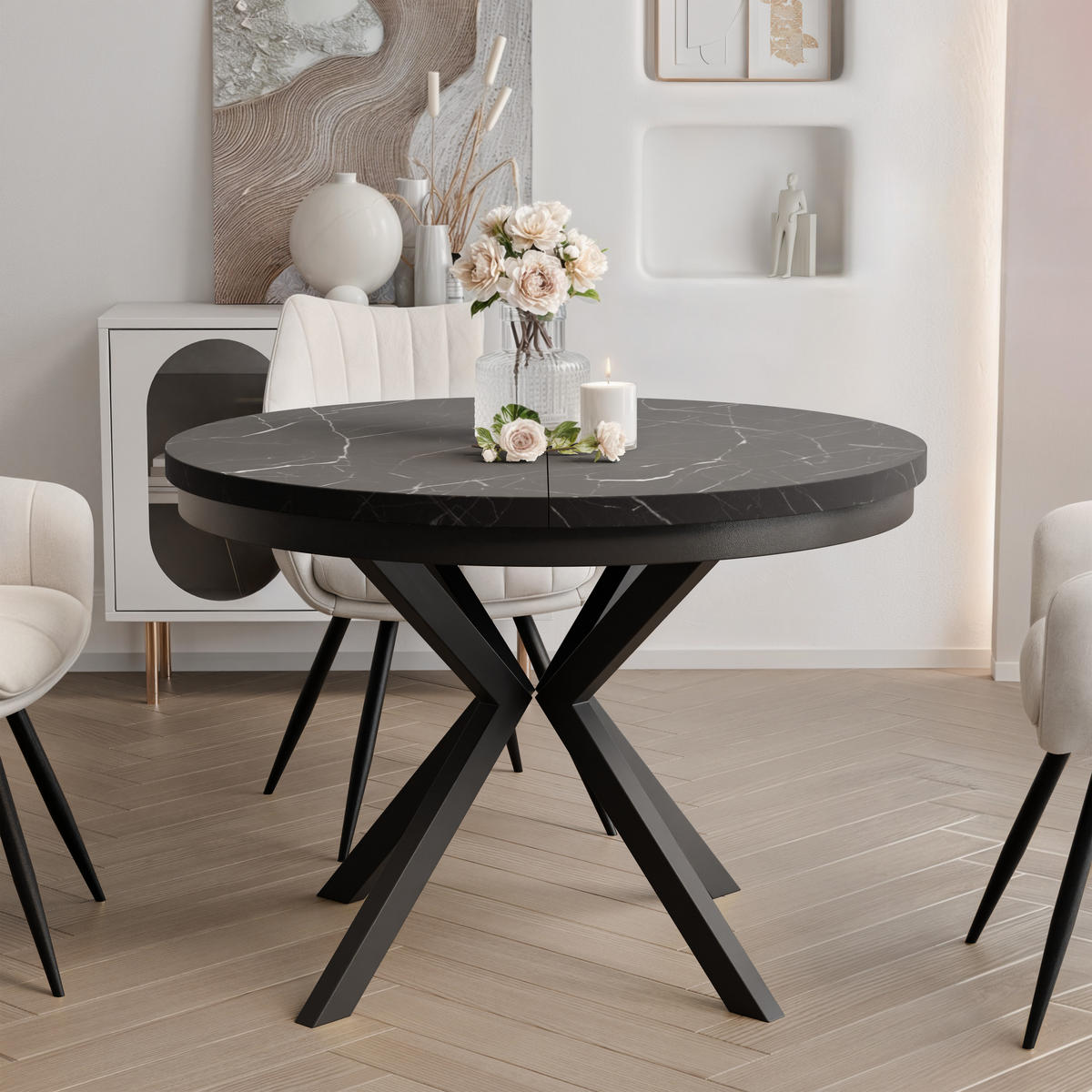AUSZIEHTISCH MILTON 90-166/76 cm mit Metallgestell, Schwarz / Grigia Pietra - Schwarz/Grau, Holzwerkstoff/Metall (90/90/76cm) - Idohome