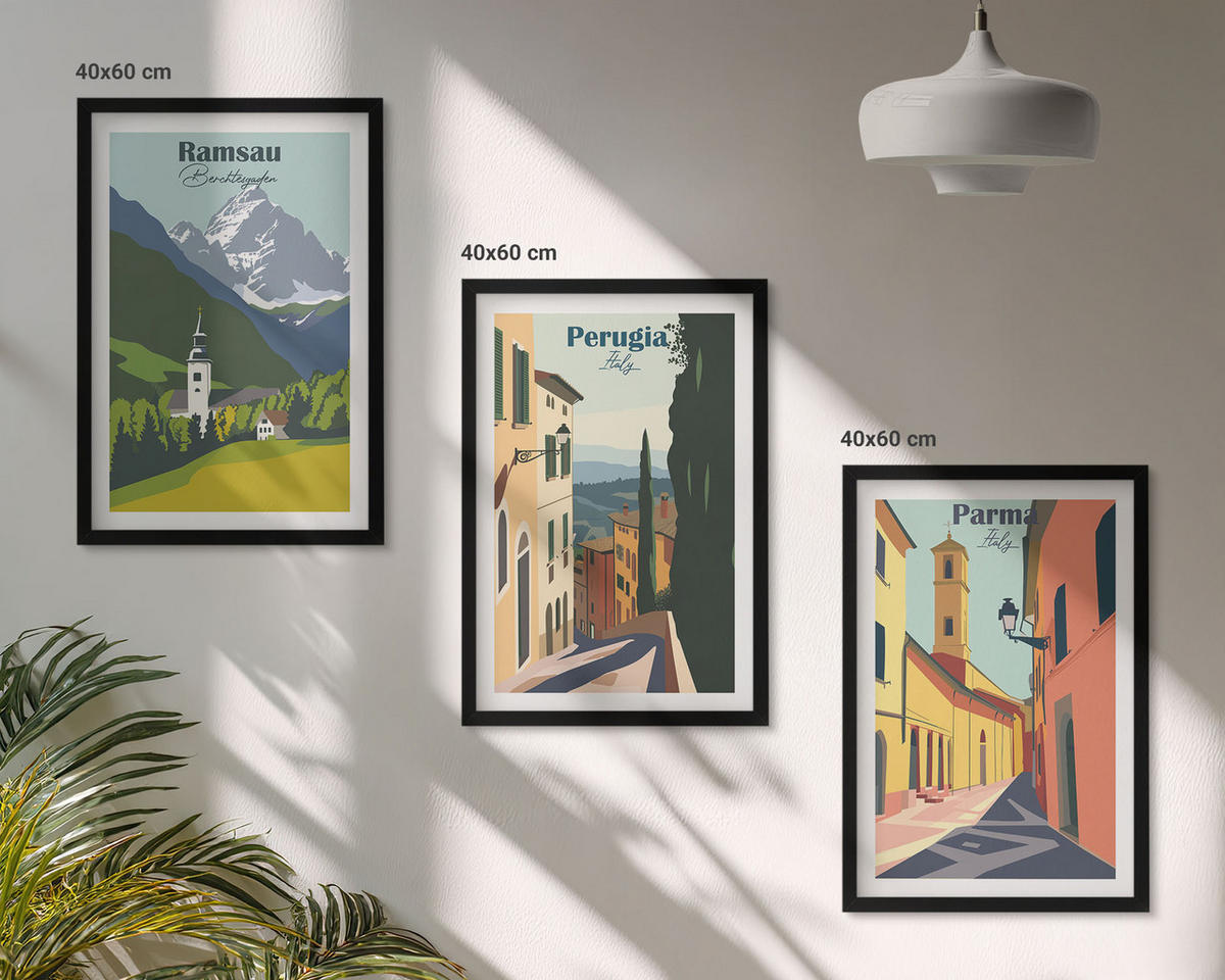 WANDBILDER 3er-Set - 40x60 cm Schwarzer Rahmen - Berglandschaften und Italien - Schwarz, Kunststoff (40/60cm) - ArtPrintCave
