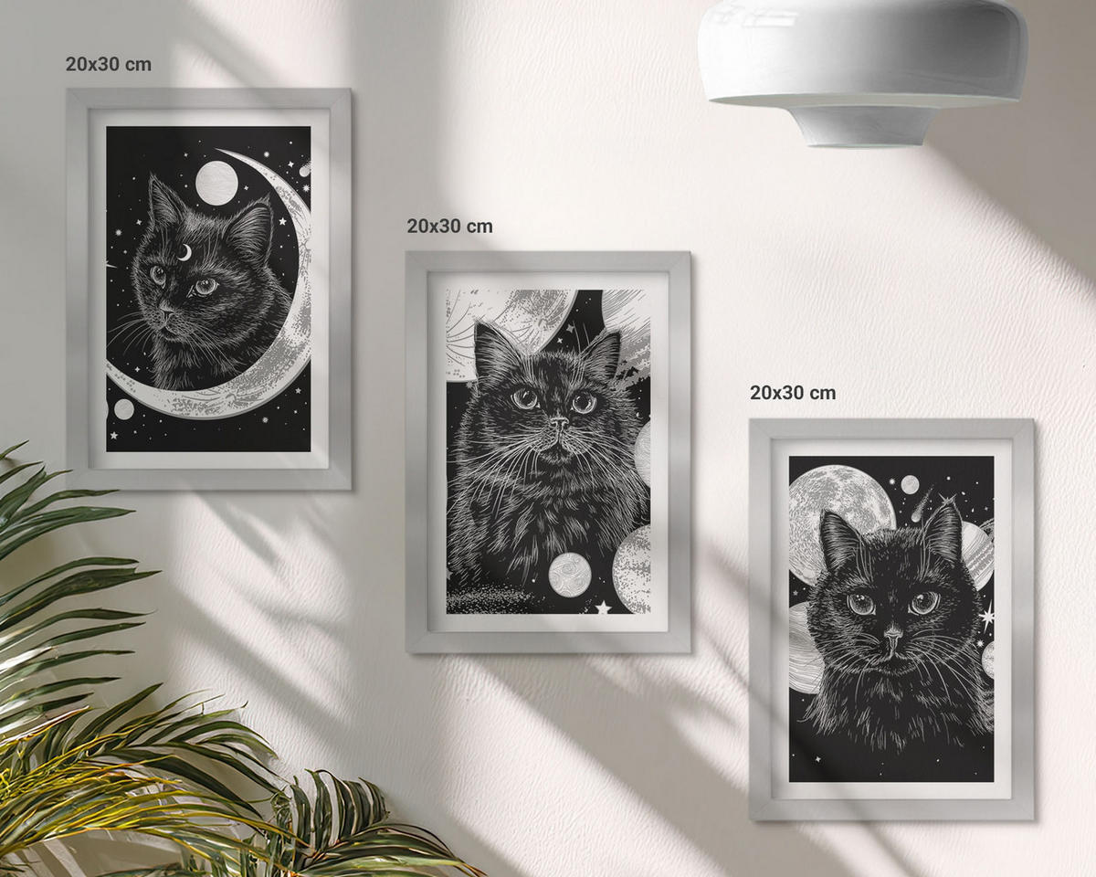 BILDER SET 3er Set - 20x30 cm Silberner Rahmen - Schwarze Katzen, Mond, Weltraum - Silberfarben, Kunststoff (20/30cm) - TULUP