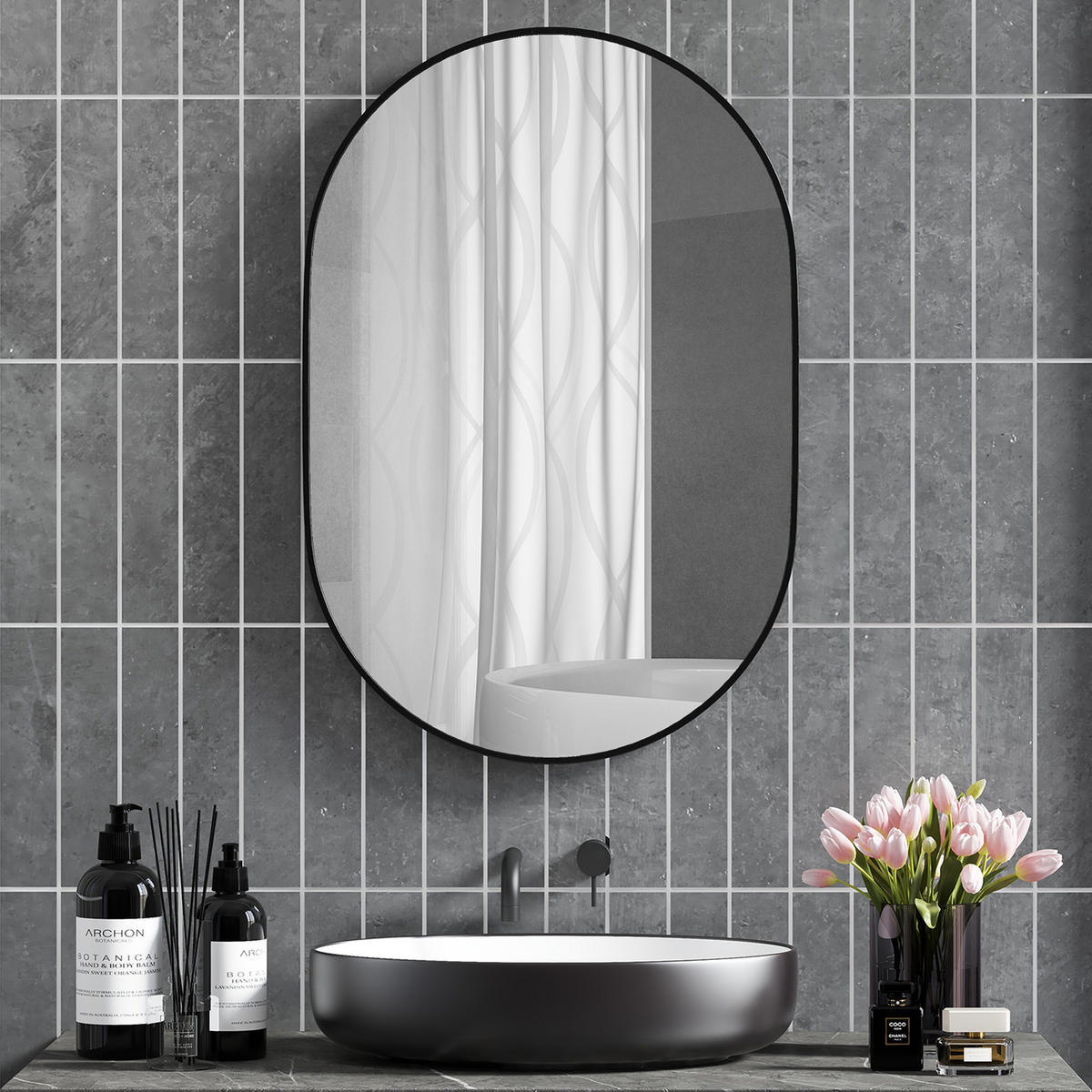 BADEZIMMERSPIEGEL Ovaler Wand-Badezimmerspiegel mit Aluminiumrahmen, 60 x 90 cm ,Schwarz - Schwarz, Glas (3/90/60cm) - Vallsero