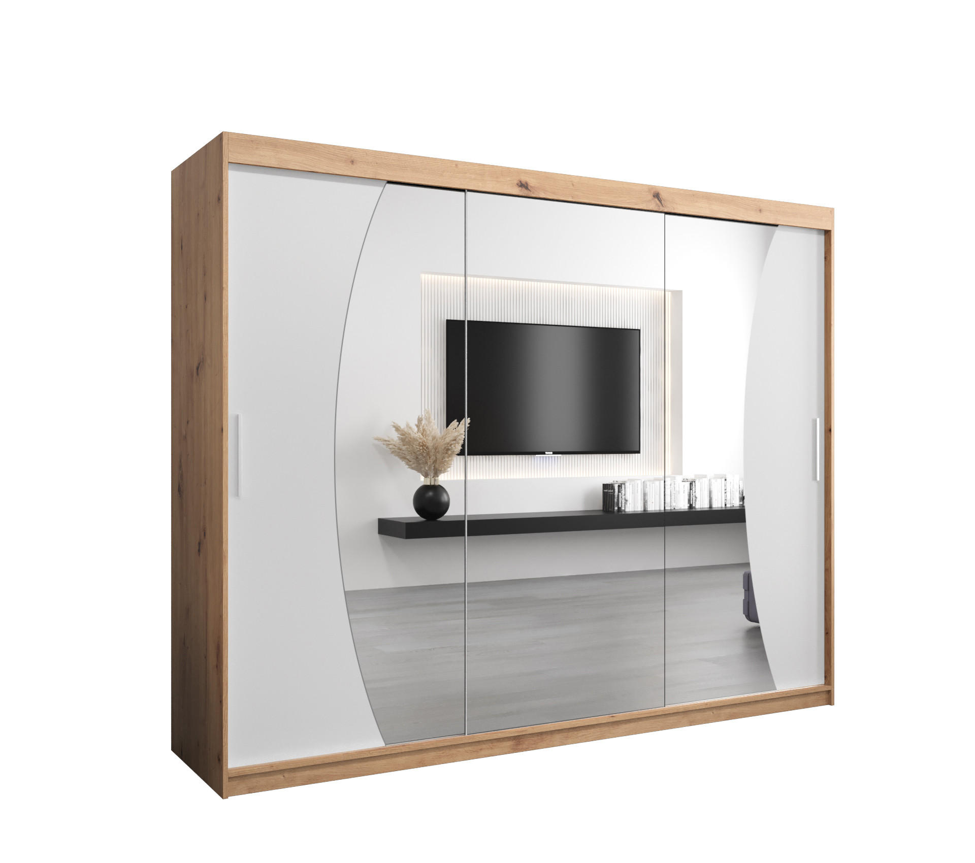 Abiks Möbel Schwebetürenschrank Eiche Artisan, Weiß 250x200x62 cm