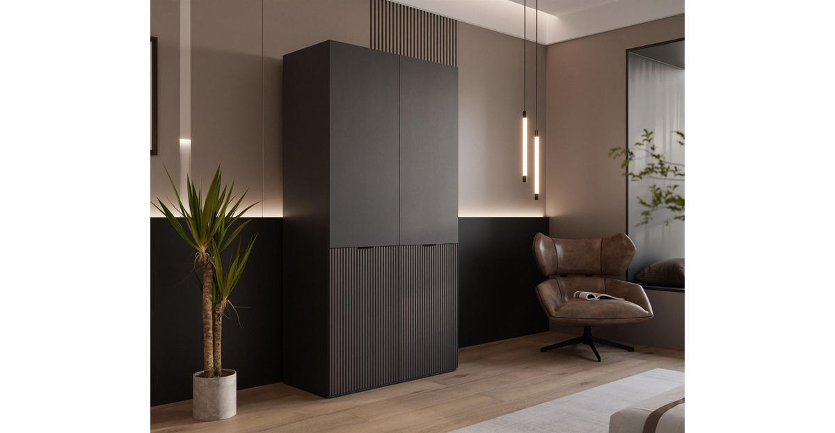 KLEIDERSCHRANK SANDBOX MODERN 100 101/49/200 cm Schwarz Graphit / Schwarz Graphit mit LED ohne Zusatzböden - Schwarz, Holzwerkstoff/Kunststoff (101/200/49cm) - Lookway