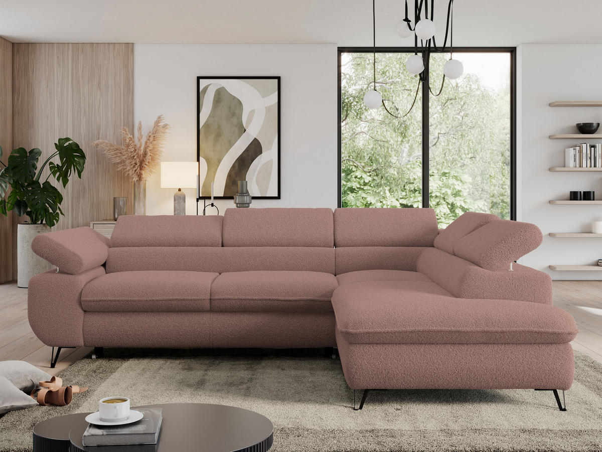 ECKSOFA PEDRO L Rosa Boucle - Rechts Seite - Schwarz/Rosa, Textil/Metall (273/208cm) - MKS