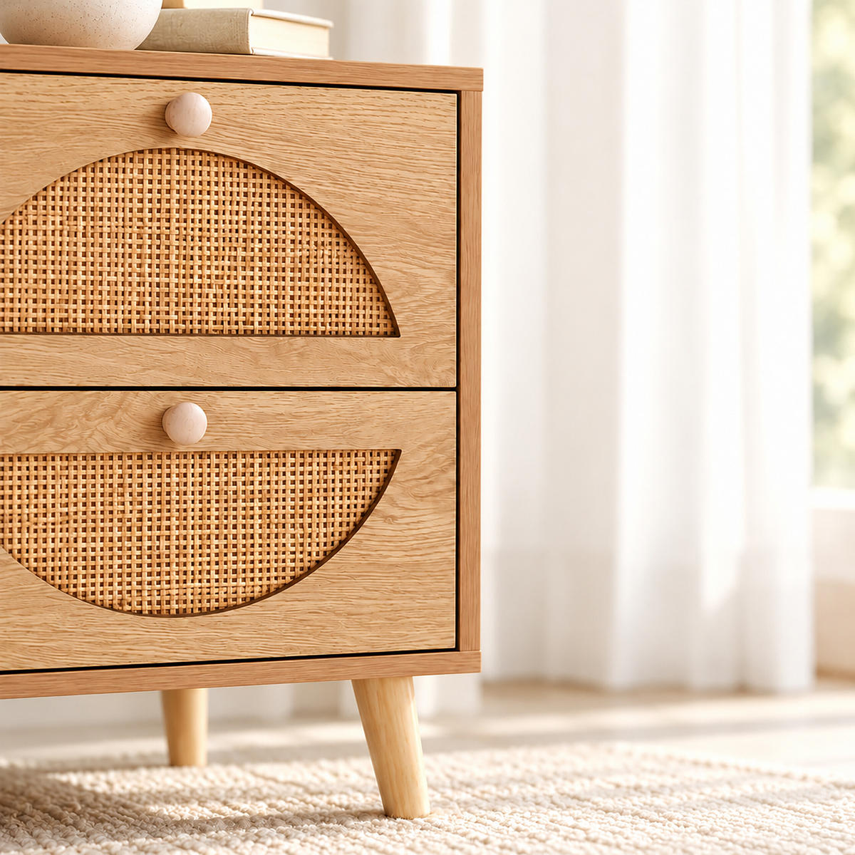 NACHTTISCH Natur Rattan 2 Schubladen - Hellbraun, Holz/Holzwerkstoff (40/52/35cm) - Relaxdays