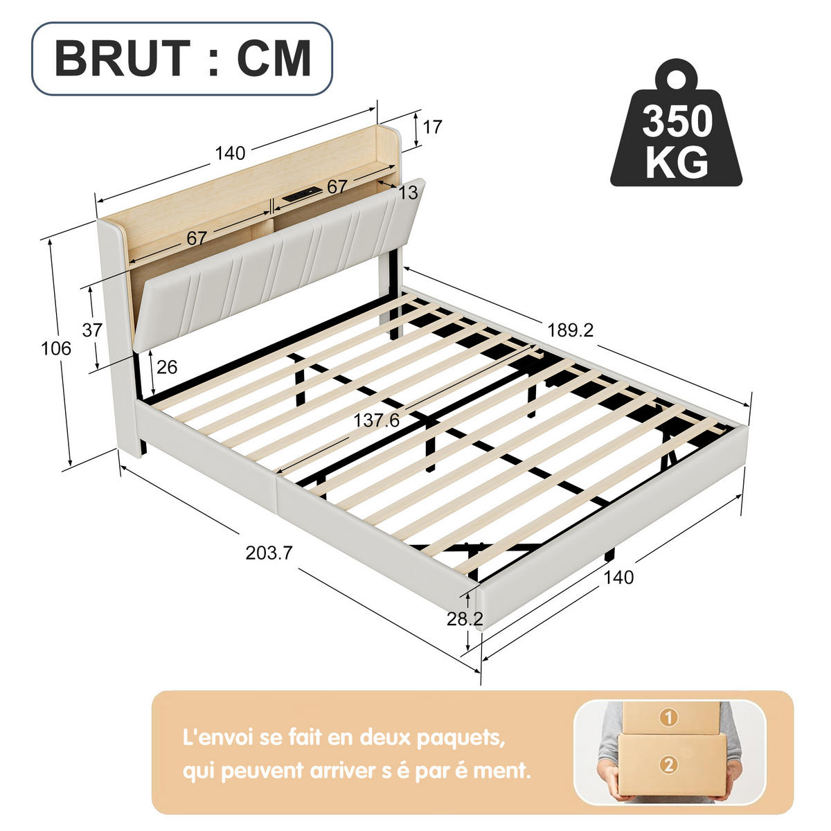 SCHWEBENDBETT 140x190 WEIß PU HOLZ LED SEITENTASCHE - Weiß, Holzwerkstoff (140/200cm) - SHOPENTRA