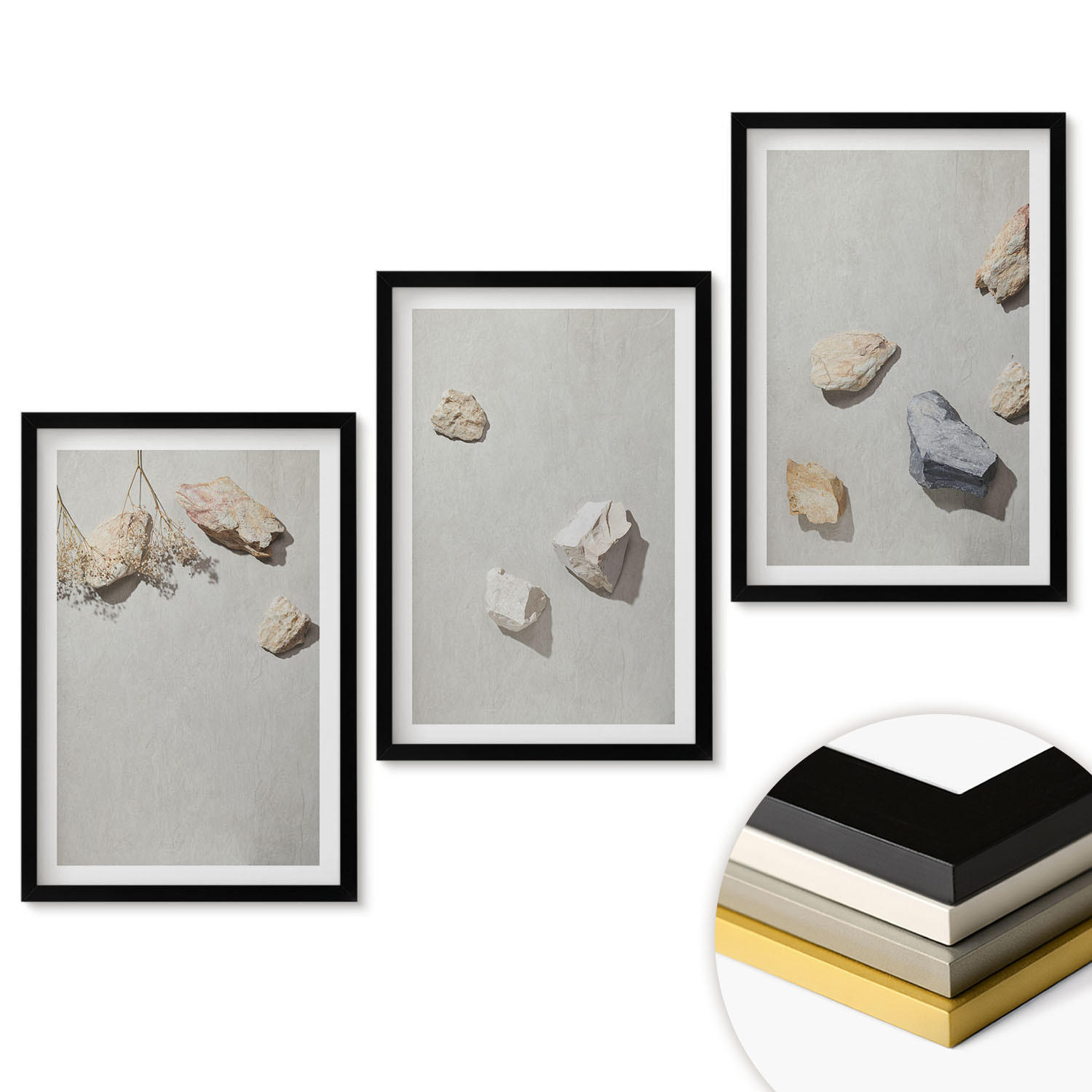 WANDBILDER 3er-Set - 40x60 cm Schwarzer Rahmen - Boho-Stranddekorationen aus Steinen - Schwarz, Kunststoff (40/60cm) - ArtPrintCave