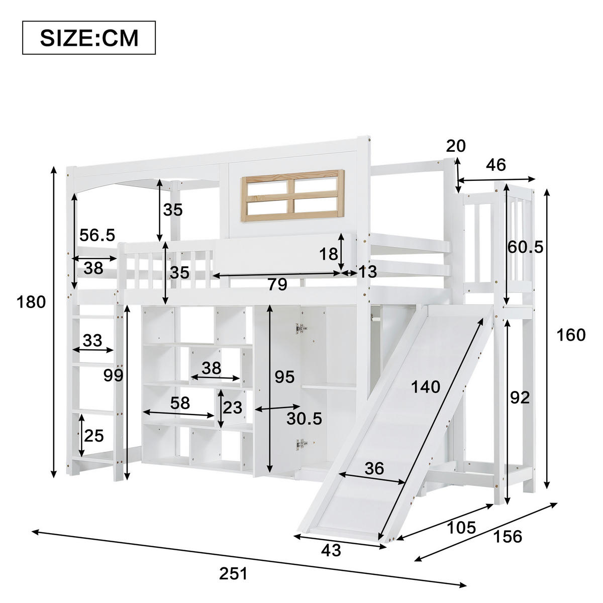 ETAGENBETT aus Kiefer, MDF und Sperrholz 90x200 cm Weiß/Natur mit Rutsche, Kleiderschrank und Regalen - Weiß, Holzwerkstoff (90/200cm) - Modfu