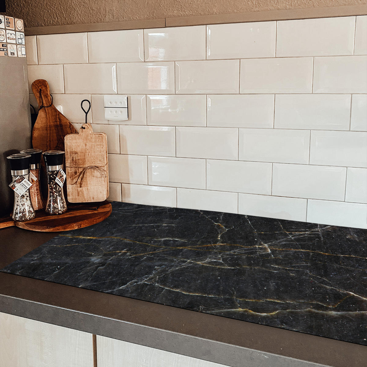HERDABDECKPLATTE Marmor - Schwarz - Gold - Grau - Marmorstruktur 89x51 cm - Goldfarben, Kunststoff (89.6/0.2/51.6cm) - MuchoWow