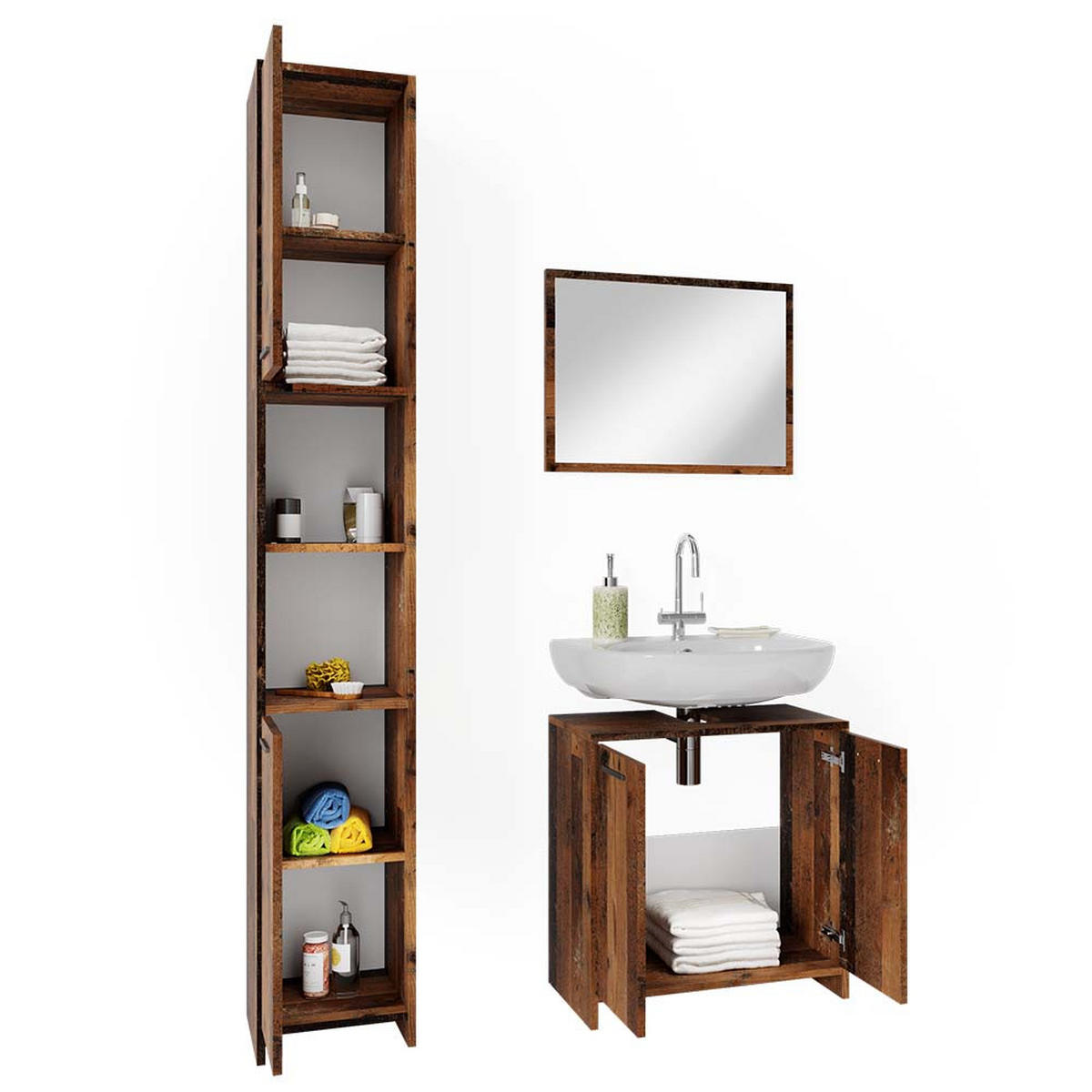 BADMÖBEL-SET Kiko Eiche rustikal 3 Teile, mit Hochschrank - Wildeiche, Holzwerkstoff (58/60/33cm) - Vicco