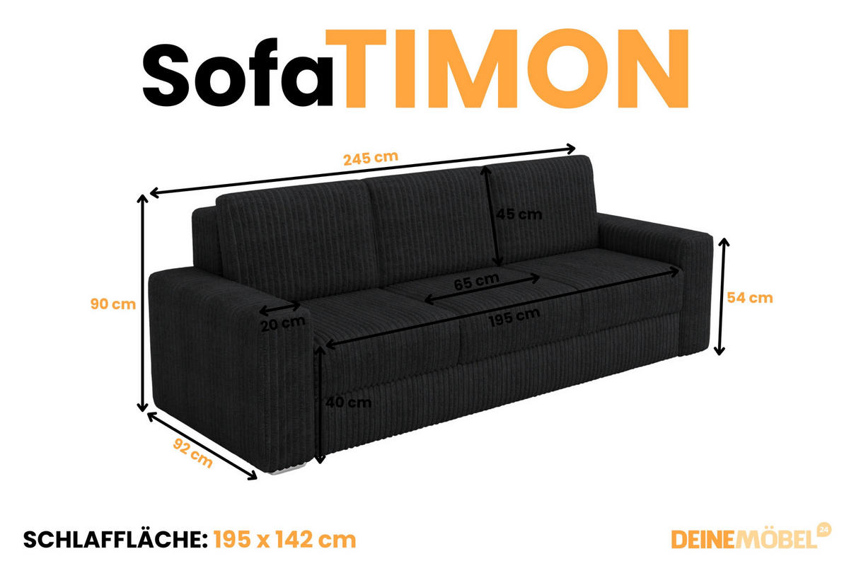 SOFA TIMON 245cm breit in Cord Schwarz - Schwarz, Holz/Holzwerkstoff (245/90/92cm) - Deine Möbel 24