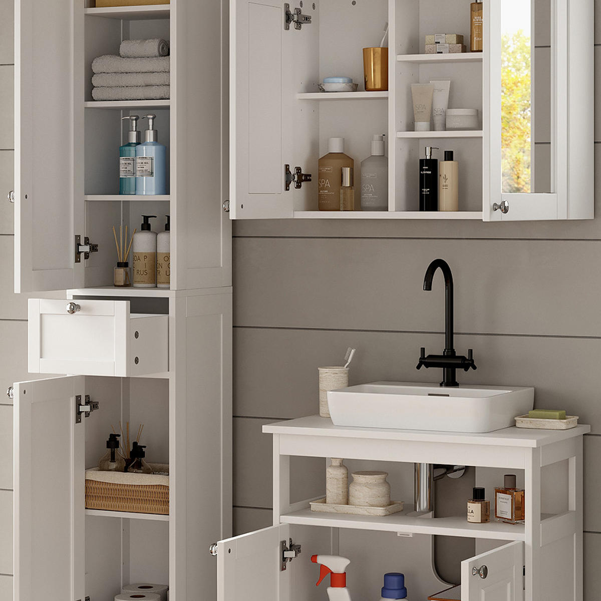 KUPAONSKI SET S VISOKIM ORMAROM Vanity Bijela 3 dijela - bijela, drvni materijal (60/65/30cm) - Vicco