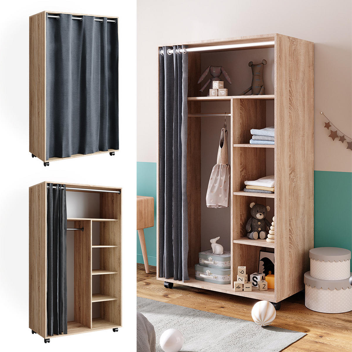 KLEIDERSCHRANK Doros Sonoma 100 x 168 cm offen, mit Rollen - Sonoma Eiche, Holzwerkstoff (100/168/50cm) - Vicco