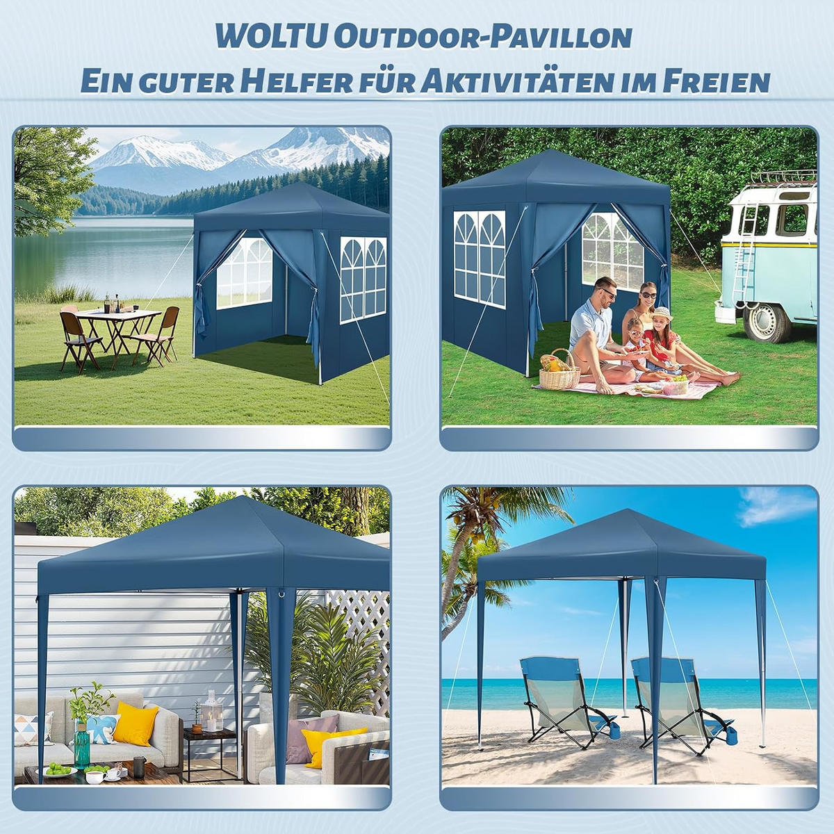PAVILLON 2x2m mit 4 Seitenwänden UPF 50+ UV Schutz Blau - Blau, Kunststoff/Metall (200/240/200cm) - Woltu