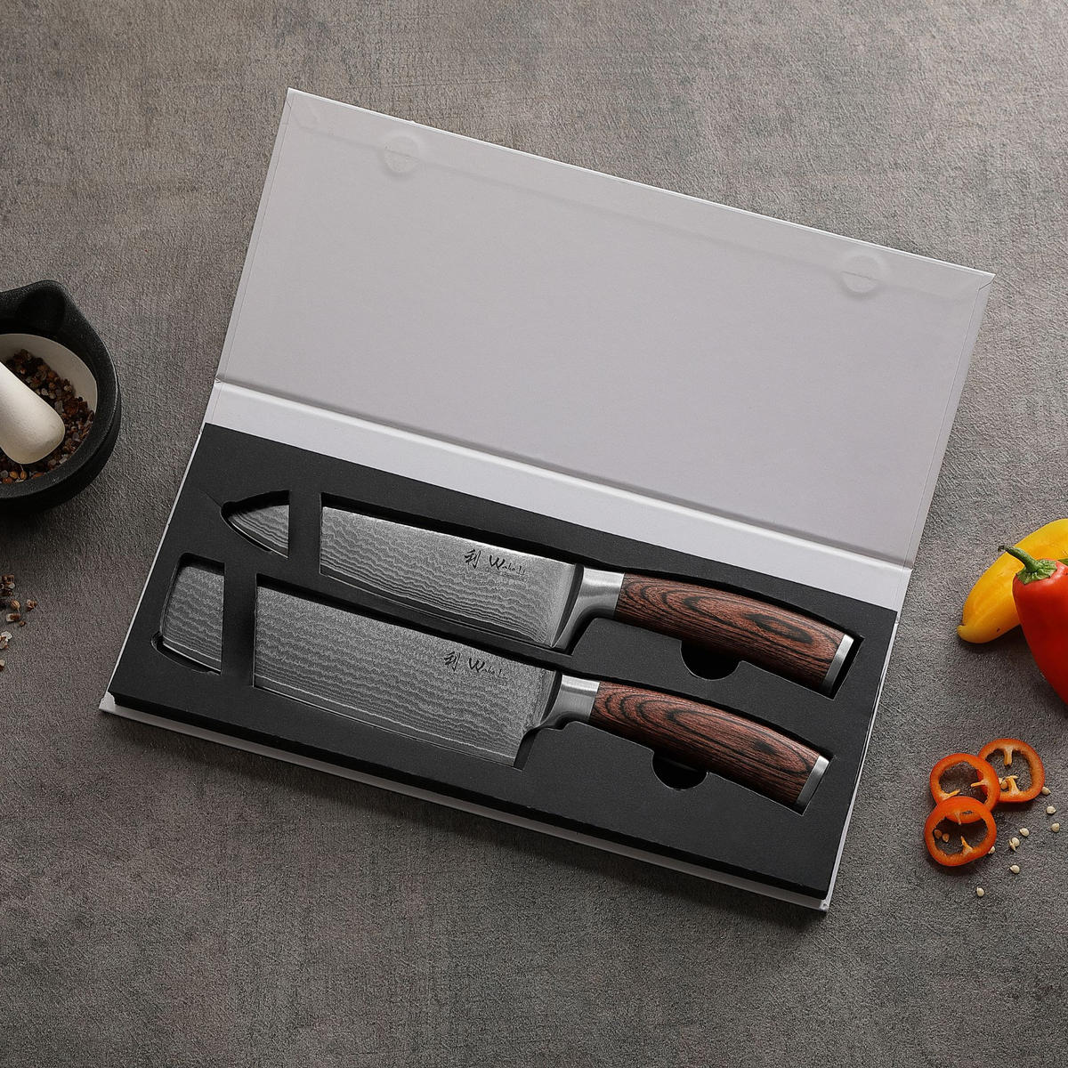 SANTOKU& Nakiri Messerset aus Damast I EDIB - Braun, Holz/Holzwerkstoff - Wakoli