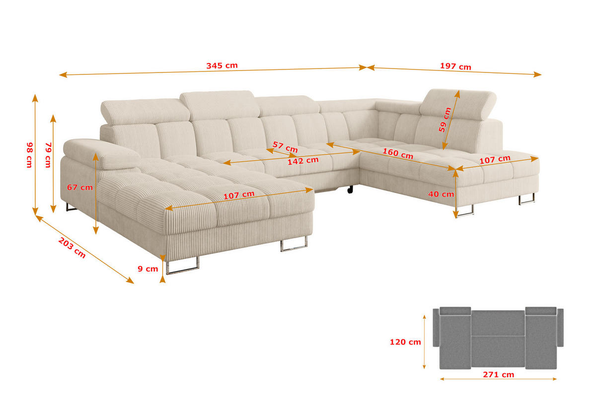 WOHNLANDSCHAFT mit Schlaffunktion und Bettkasten Ottomane RECHTS COMA U 345x203x79 Beige Cord - Beige, Holzwerkstoff/Textil (203/79/345cm) - ALTDECOR