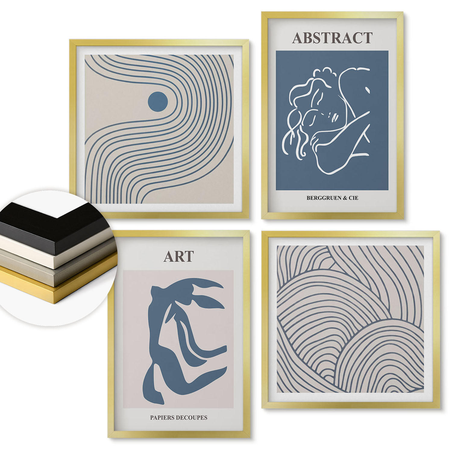 WANDBILDER 4er Set - 50x50 cm & 40x60 cm Goldrahmen - Poster mit abstrakten Linien und Wellen - Goldfarben, Kunststoff (50/50cm) - ArtPrintCave