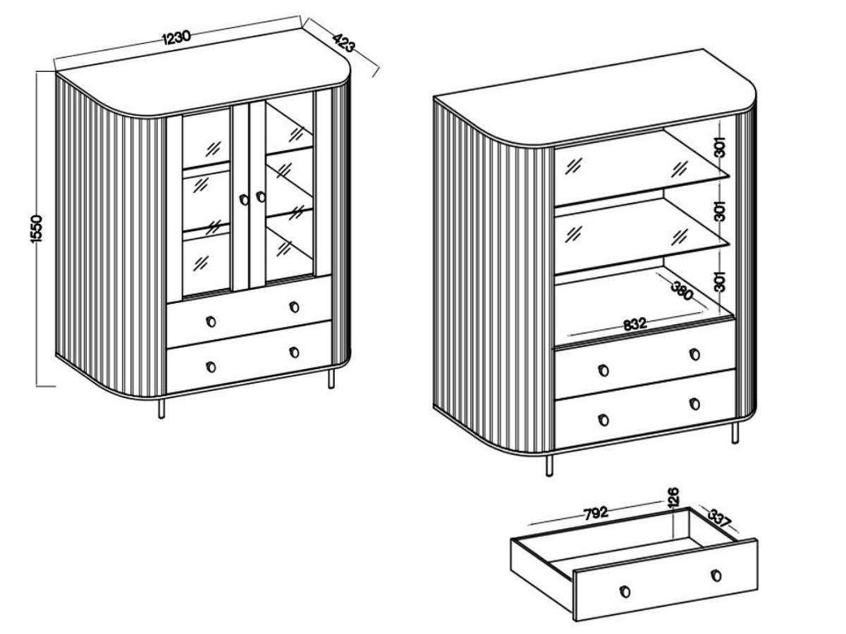 VITRINE Olivia 123 cm, mit Glastüren, 2 Schubladen und geriffeltem Design, eiche sonoma und schwarzfarbenen Metallfüßen - Sonoma Eiche, Metall (123/155/43cm) - Margaret Hadas24