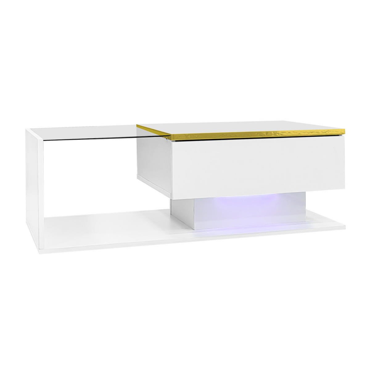COUCHTISCH 90/50/32,5 cm mit Stauraum, Glasplatte, LED-Beleuchtung und Spanplatte, Weiß - Weiß, Holzwerkstoff (90/50/32.5cm) - Redom