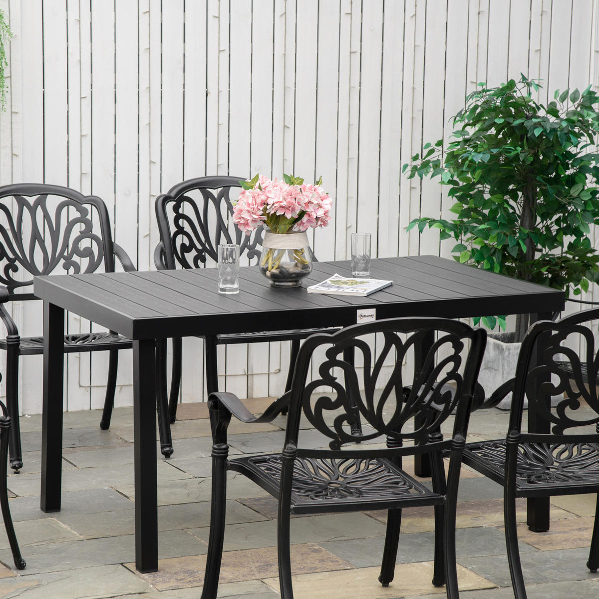 GARTENTISCH aus Aluminium 140x90x74 cm Schwarz mit Tischplatte in Holzoptik und verstellbaren Fußpolstern - Schwarz, Metall (140/90/74cm) - Modfu