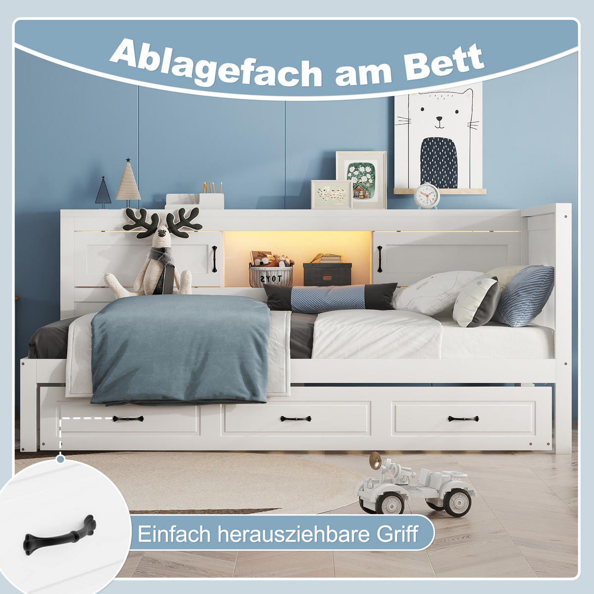 SCHLAFSOFA 90x200cm Weiß LED-Licht Bettseite Staufach Ausziehbett USB - Weiß, Holz (90/200cm) - FLIEKS