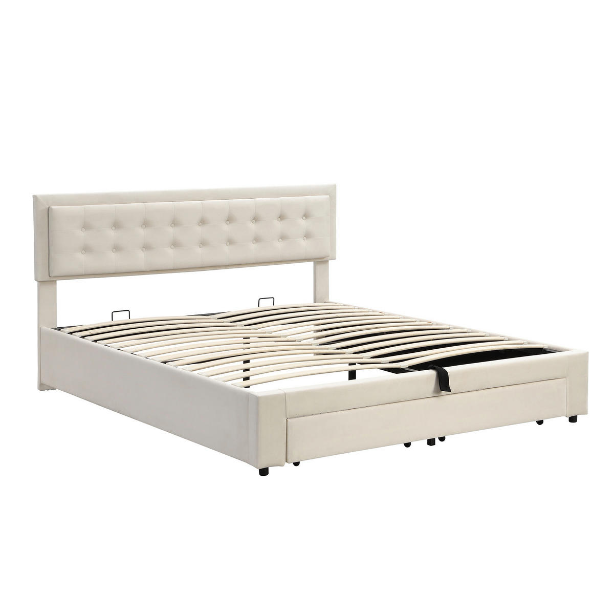 POLSTERBETT 180/200 cm Beige mit Stauraum und höhenverstellbarem Kopfteil - Beige, Textil (180/200cm) - OKWISH