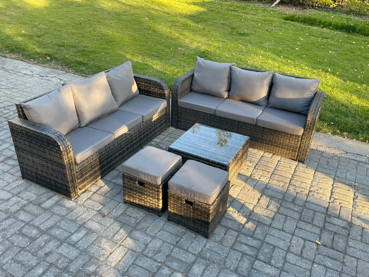 GARTENTISCHGRUPPE Polyrattan Dunkelgrau 5-teilige - Dunkelgrau/Grau, Glas/Kunststoff - Fimous