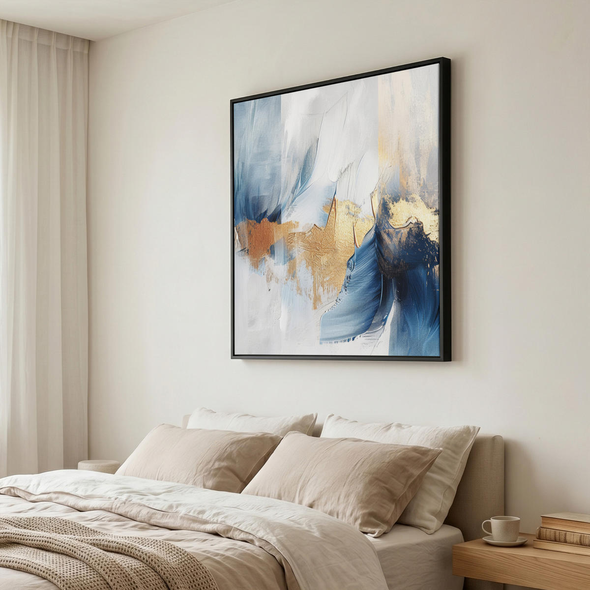 LEINWAND Bilder mit Rahmen - Gold - Blau - Aquarell - Kunst - Modern - 90x90 - Hellblau, Textil (90/90cm) - MuchoWow