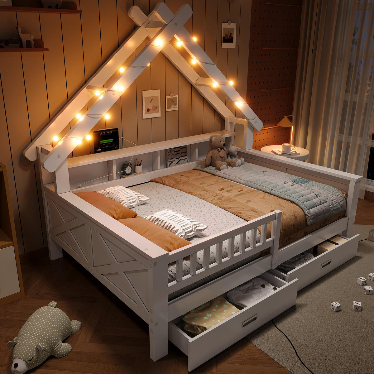 HAUSBETT 140/200 cm in Weiß mit 2 Schubladen, LED und Regal - Weiß, Holz/Holzwerkstoff (140/200cm) - WISHDOR
