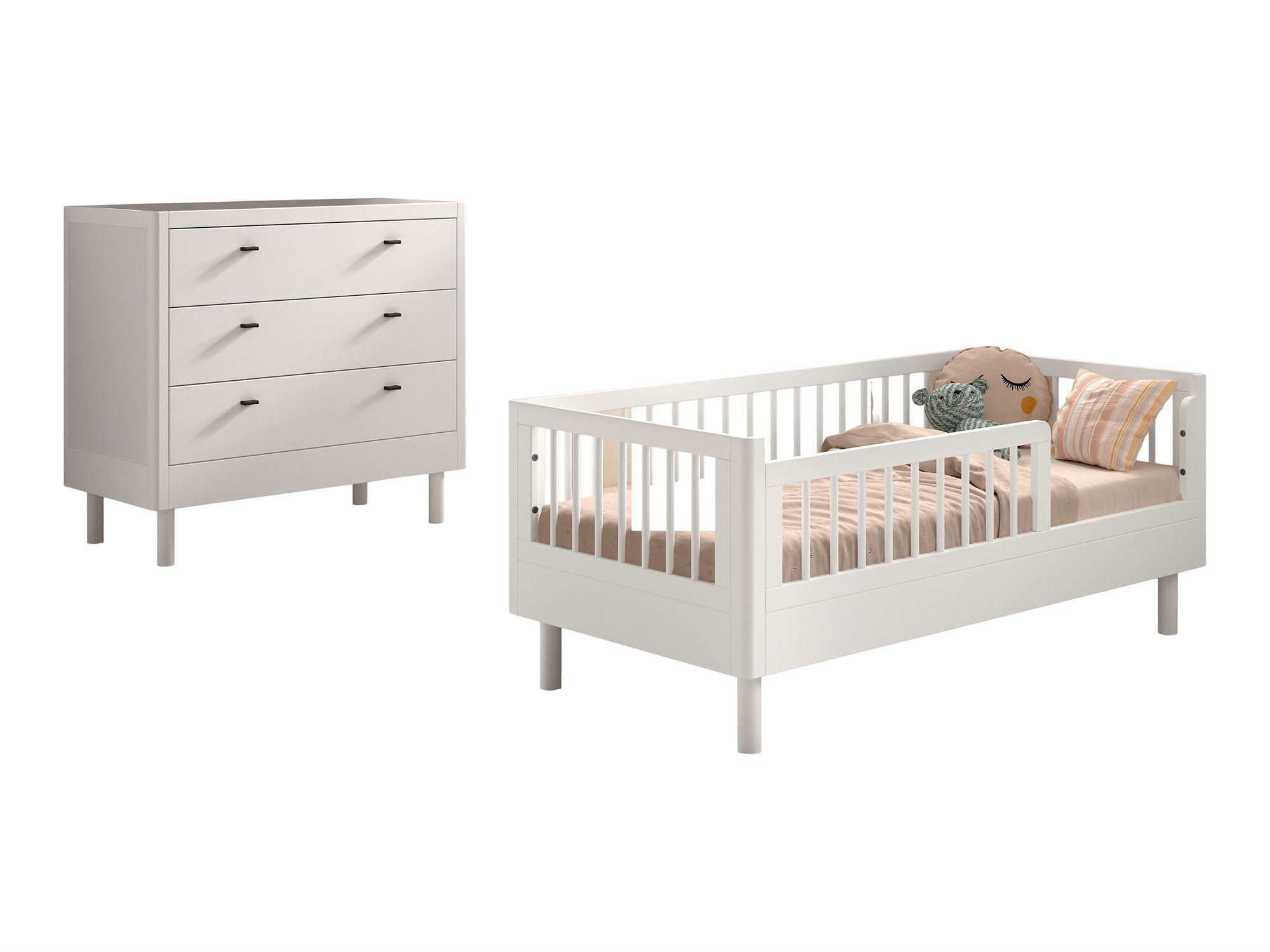 JUNIORBETT SET 70x140 Keeley Buche Weiß Holz Kommode Komfort Stabil - Weiß, Holz (74/60/144cm) - 58aufmkessel